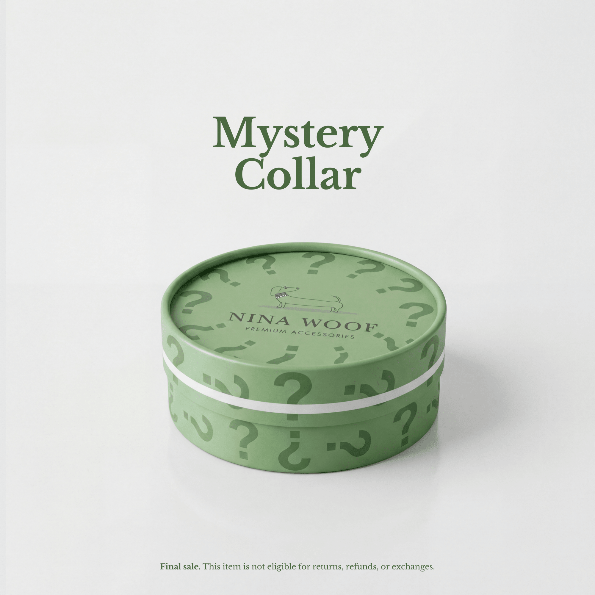 Green Mystery Collar tin with question-mark pattern and Nina Woo logo