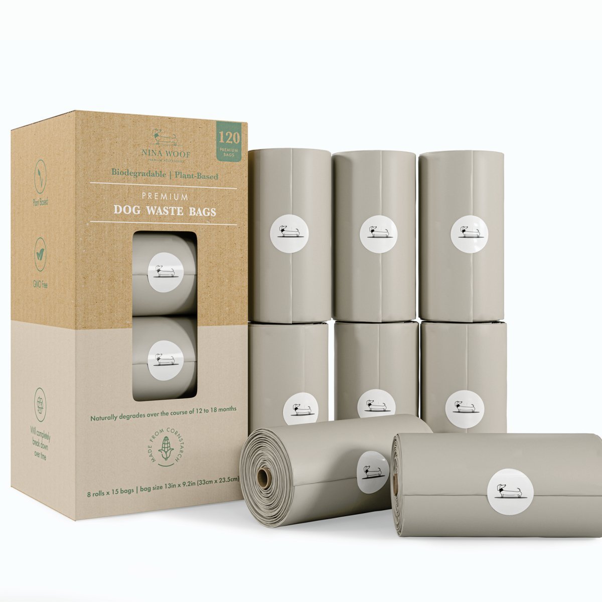 Cardboard dog waste bag box with beige-gray roll bags and extra bag rolls