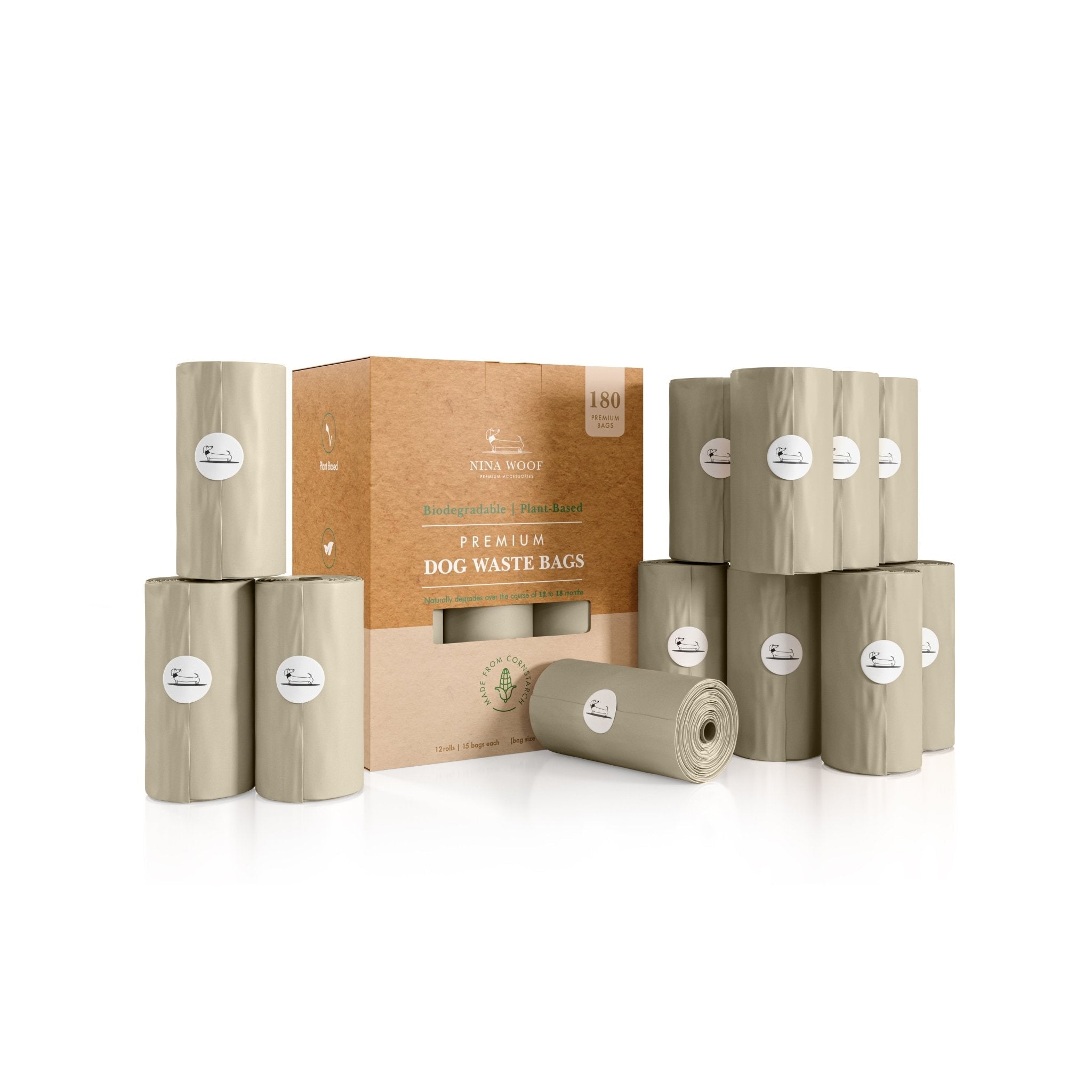 Biodegradable dog waste bag rolls with cardboard box packaging, beige-gray rolls