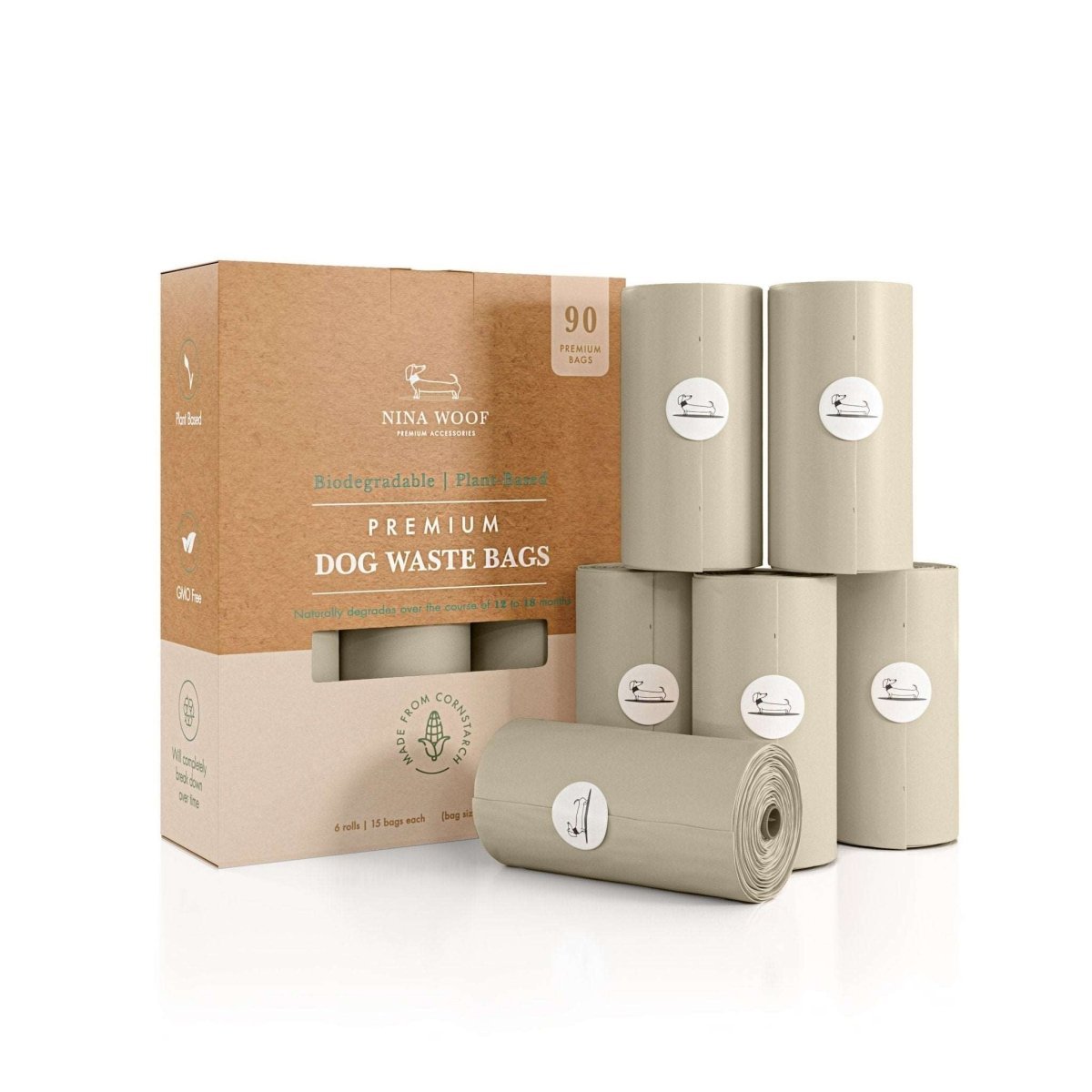 Dog waste bag starter set with kraft box and multiple beige rolls, biodegradable bags