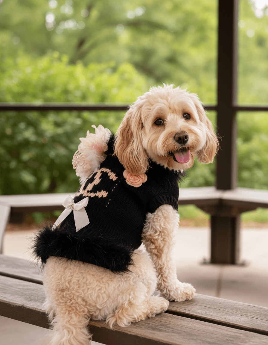 Black knit dog sweater dress with light pink rosette flowers and bow on back