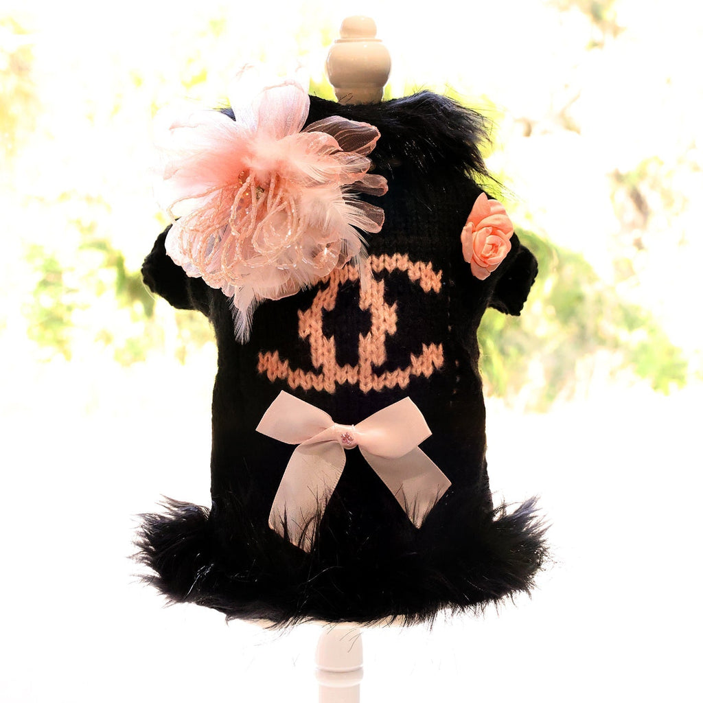 Black knit dog sweater dress with peach tulle bow and pink flower accents