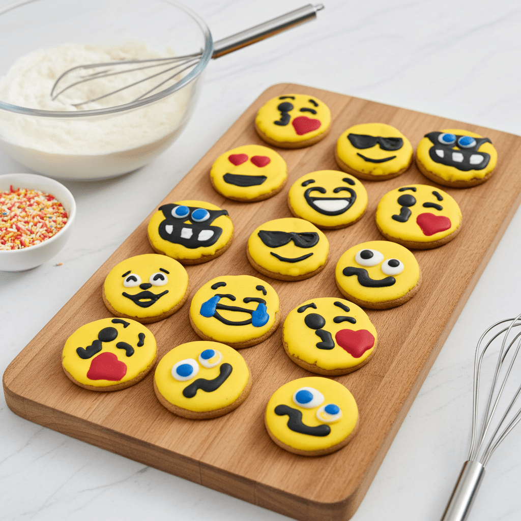 Emoji dog cookies, round yellow biscuits with colorful face designs on a wooden board