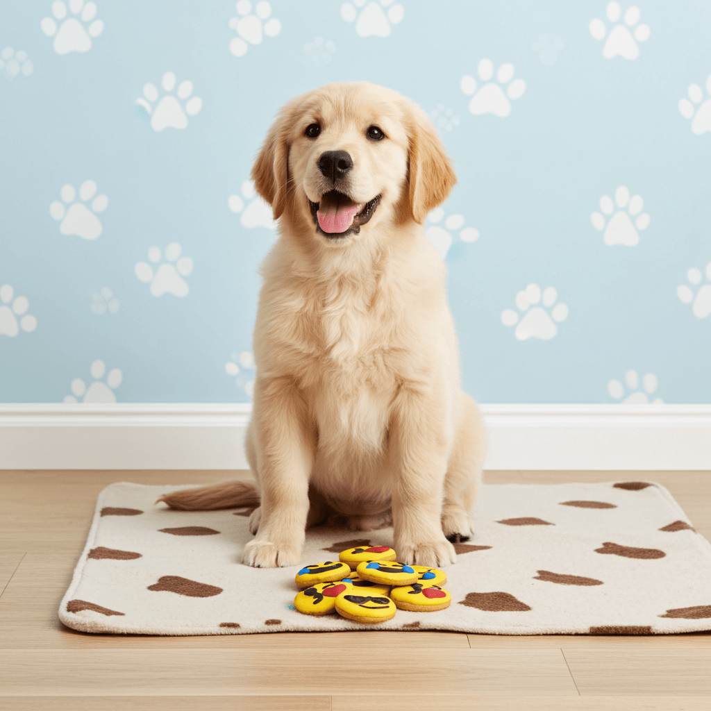 Golden retriever on a rug with emoji dog cookies arranged in front
