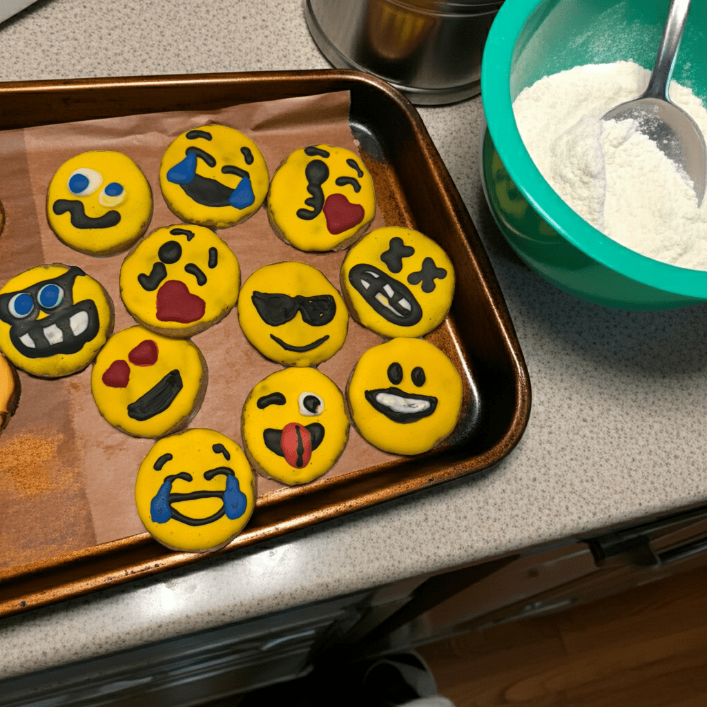 Emoji dog cookies, yellow round biscuits with colorful faces in a metal baking tray