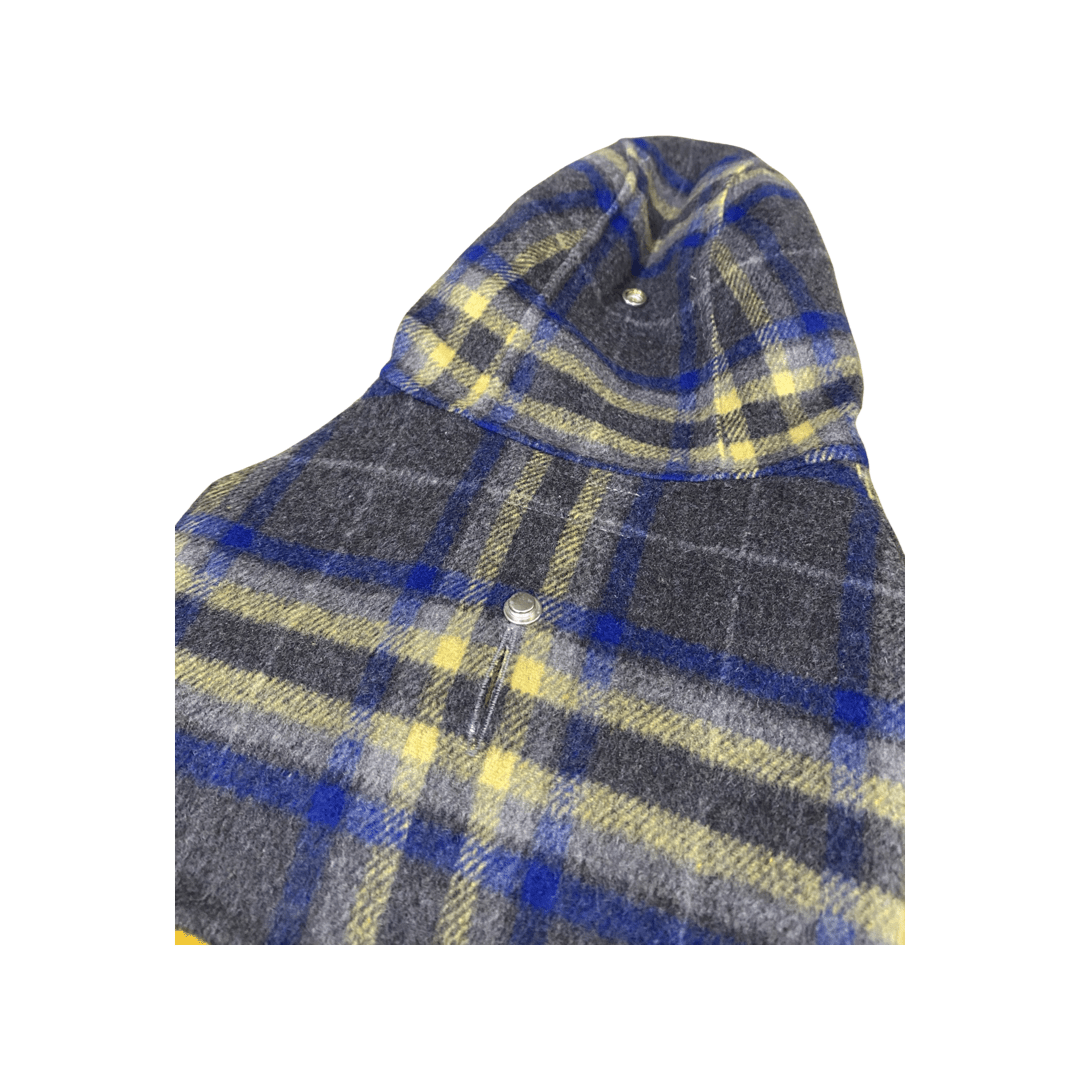 Close-up of double-face down puffer hoodie hood in blue and yellow plaid with metal snaps