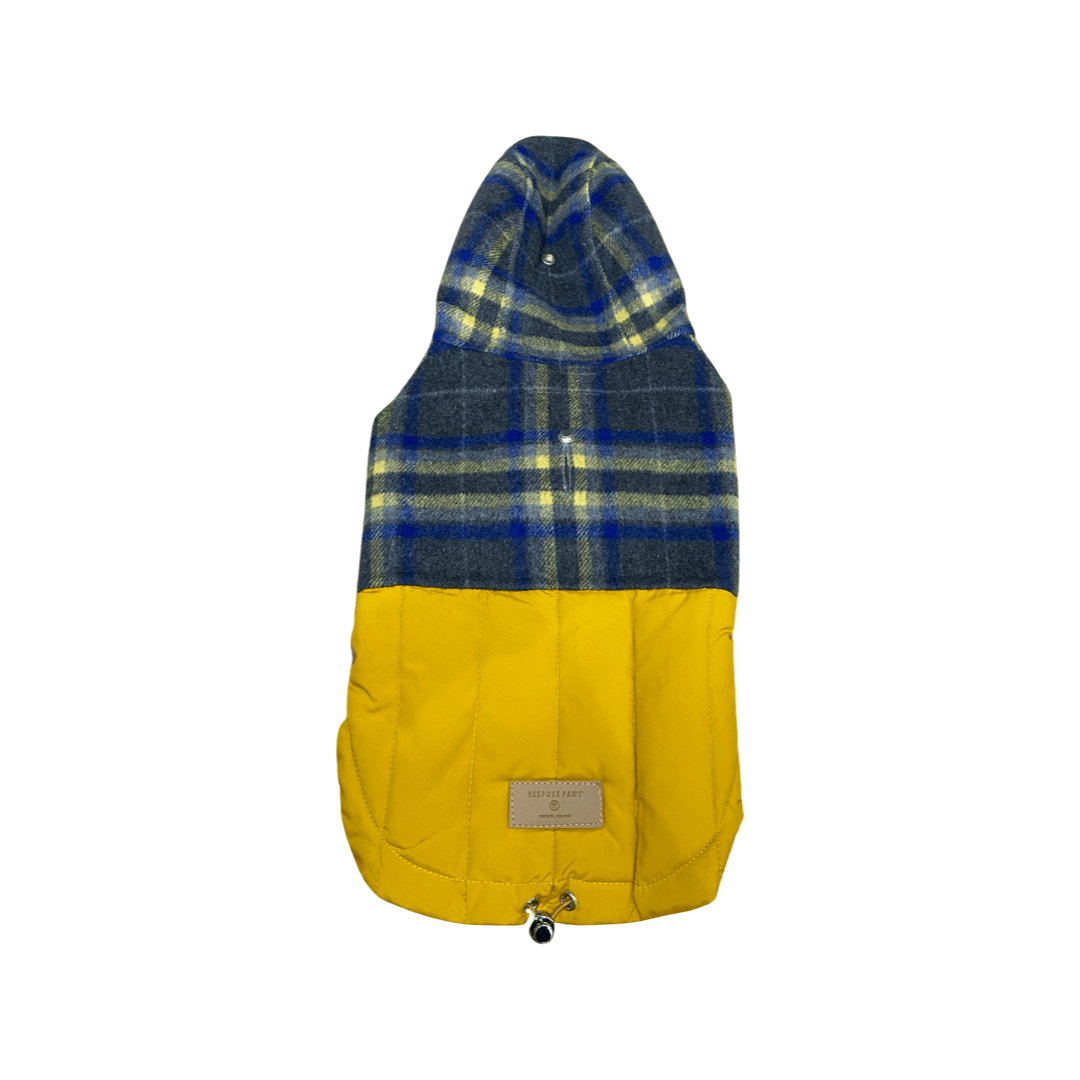 Double-face down puffer hoodie with blue plaid hood, yellow body, and snap front pockets