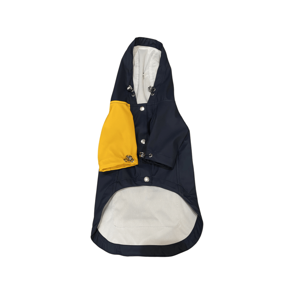 Navy and yellow pet raincoat with hood, front snaps, and beige lining