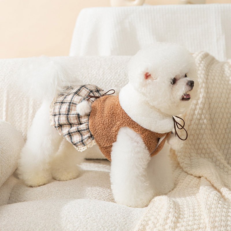 Brown-and-white teddy bear pet dress with plaid skirt and small bow accents