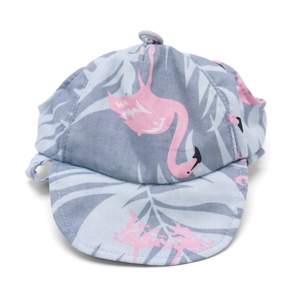Light blue flamingo-pattern dog hat, curved brim with top tie detail.