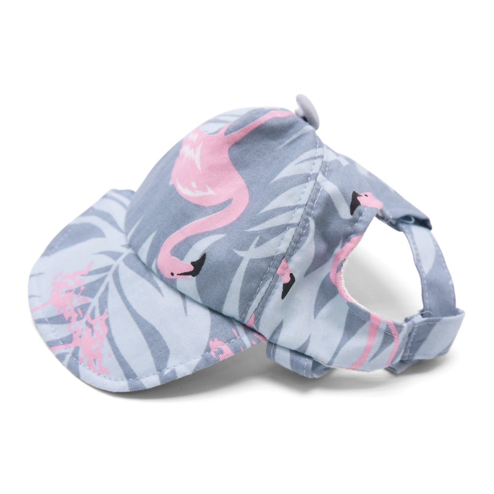 Light blue flamingo dog hat with curved brim and side opening detail.