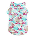 Turquoise-and-pink flamingo print pet shirt with button front and ruffled short sleeves