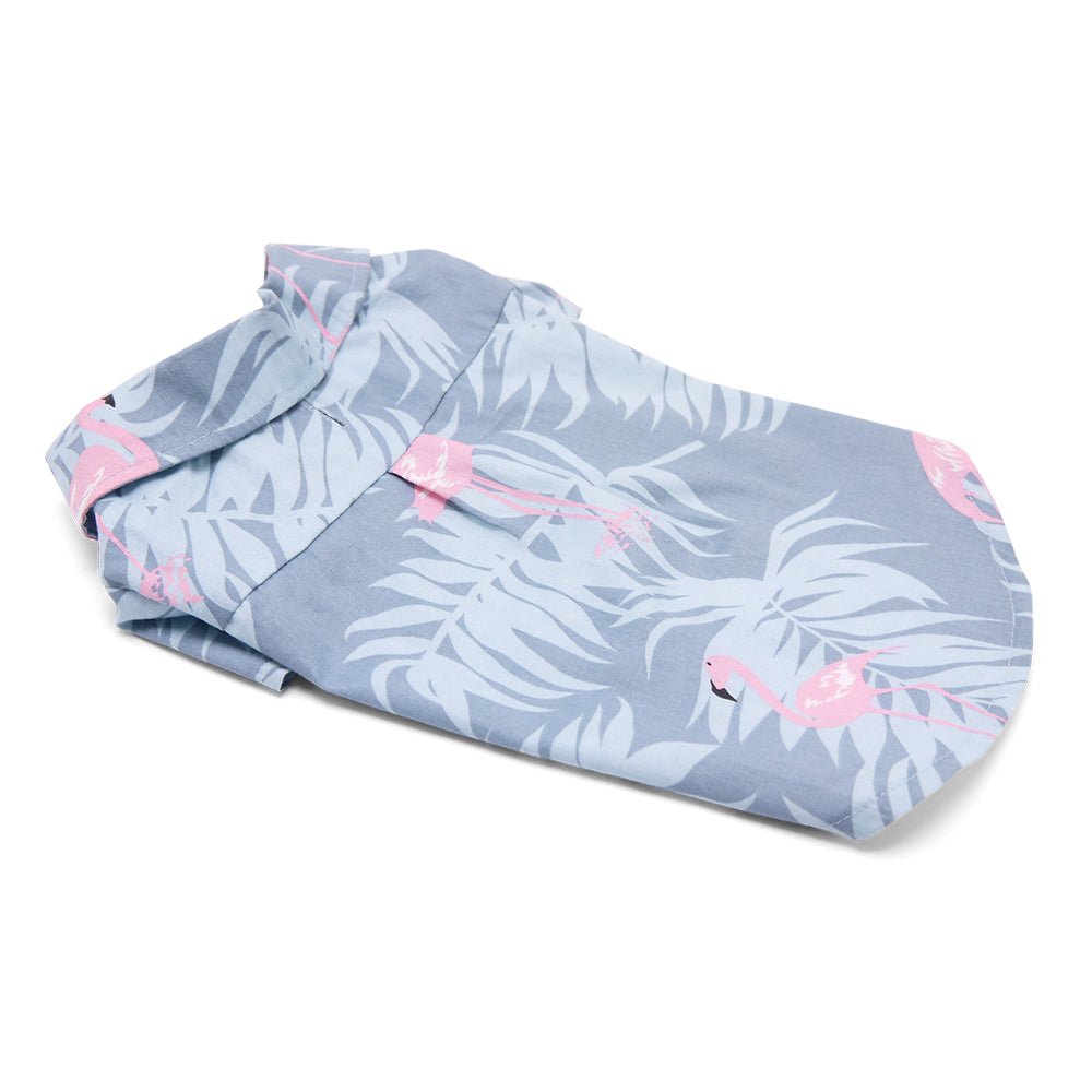 Light blue pet shirt with pink flamingos and leaf print, collared design