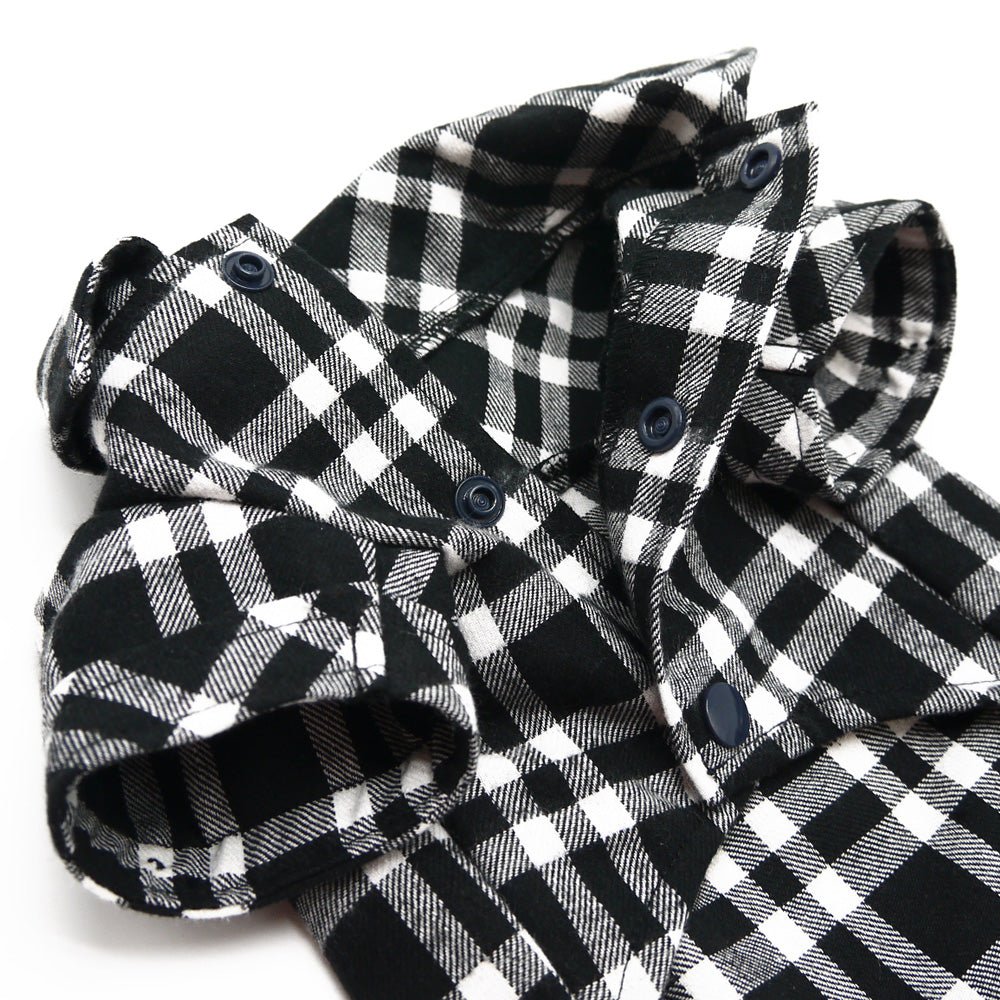 Black and white plaid flannel dog shirt detail view of front snaps and collar