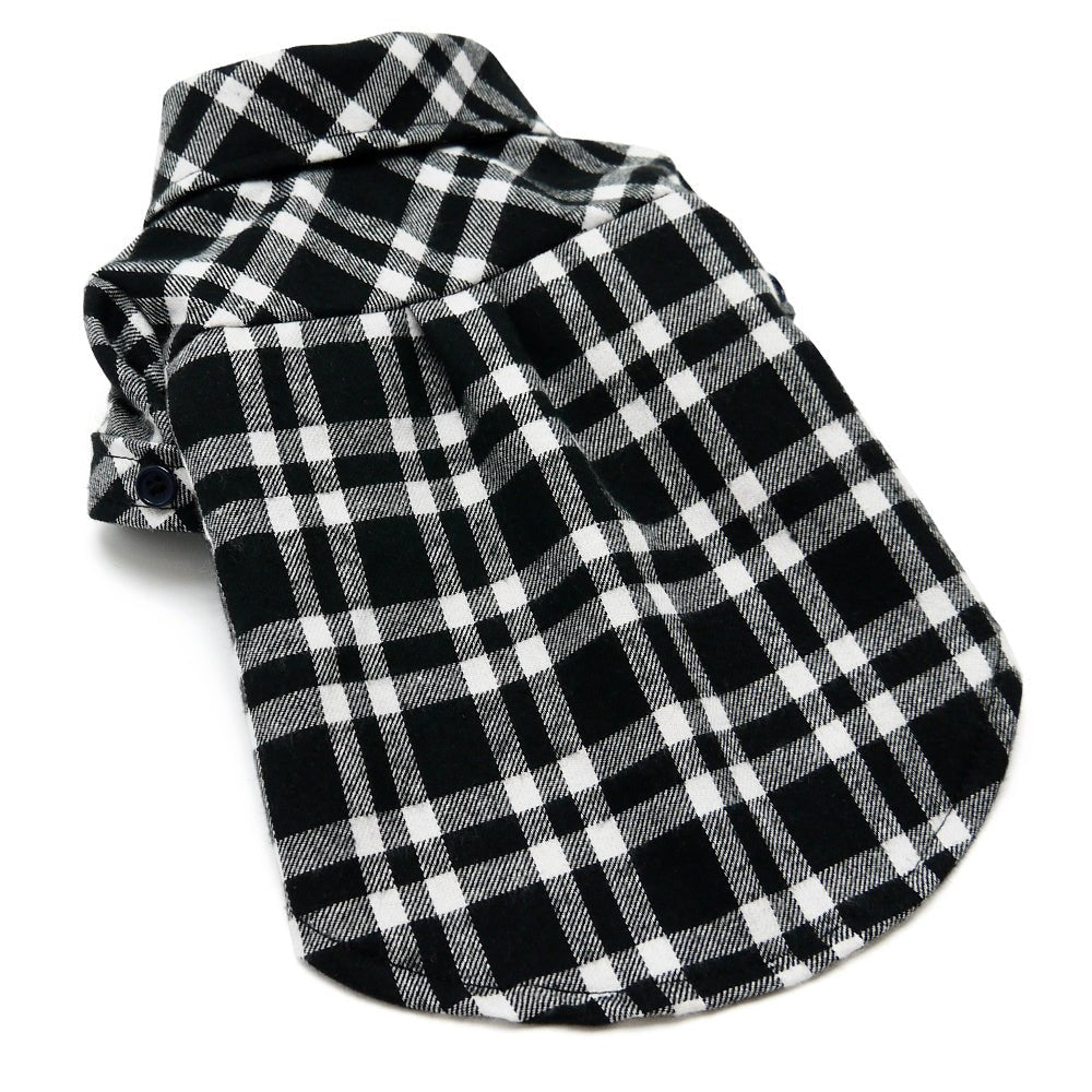 Black and white plaid flannel dog shirt with raised collar and button placket
