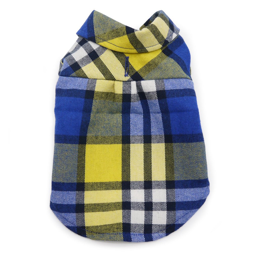 Blue and yellow plaid flannel dog shirt with hooded collar and snap front
