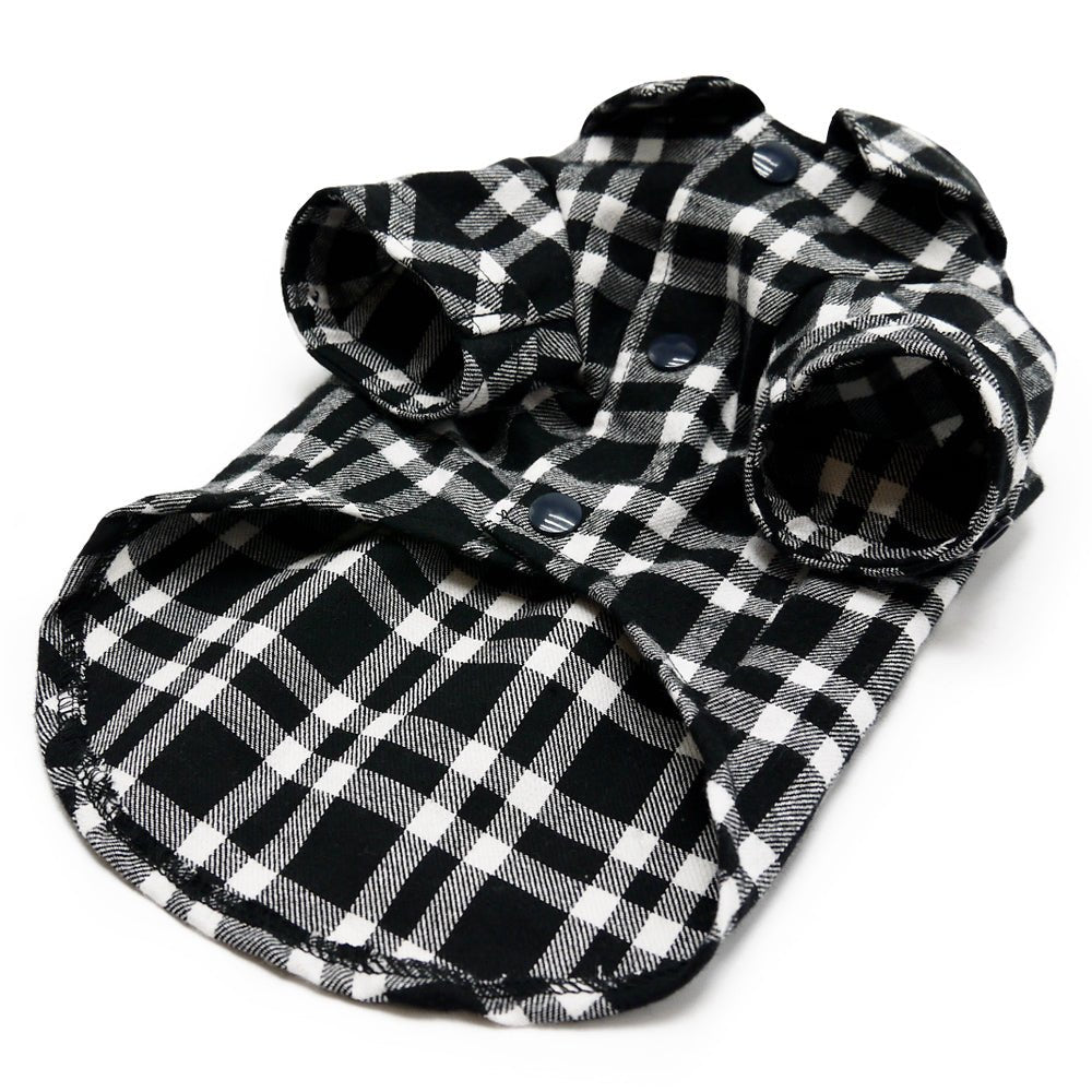 Black and white plaid flannel dog shirt with front snaps and hooded collar