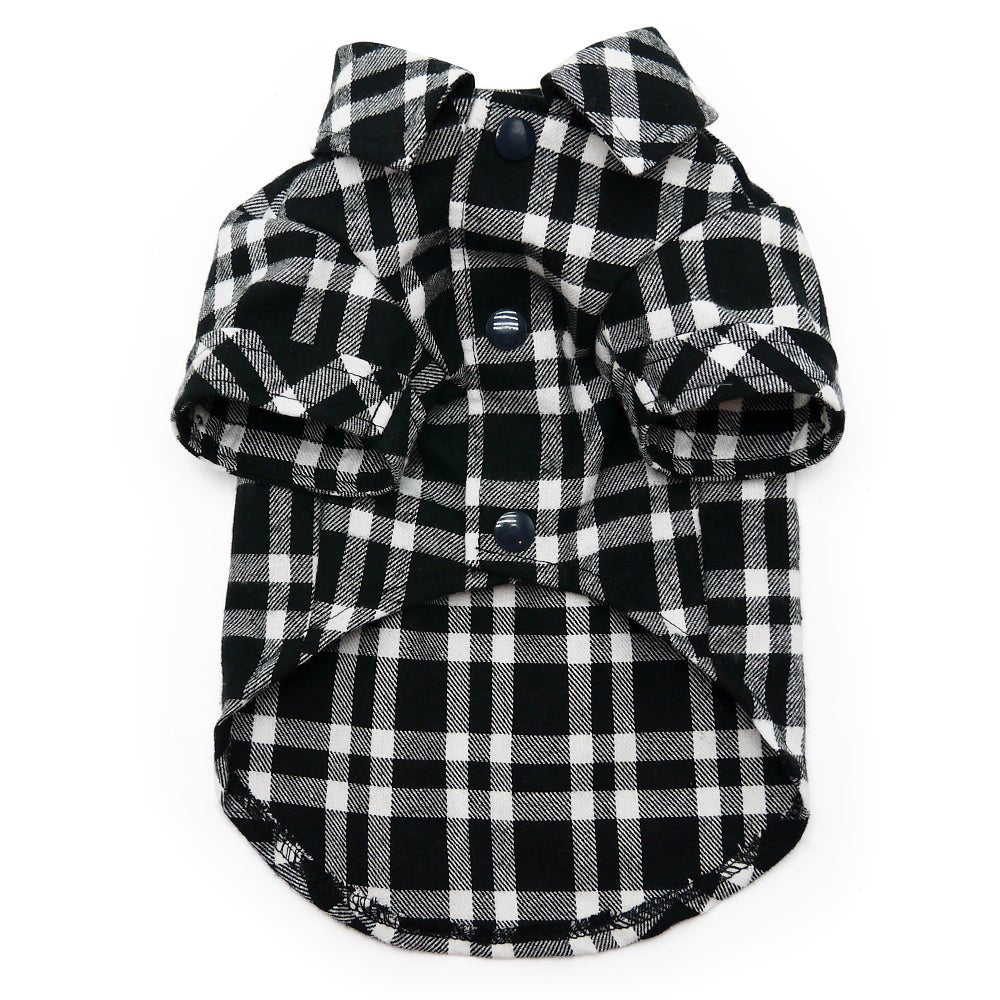 Black and white plaid flannel dog button-down shirt with front snaps and chest placket