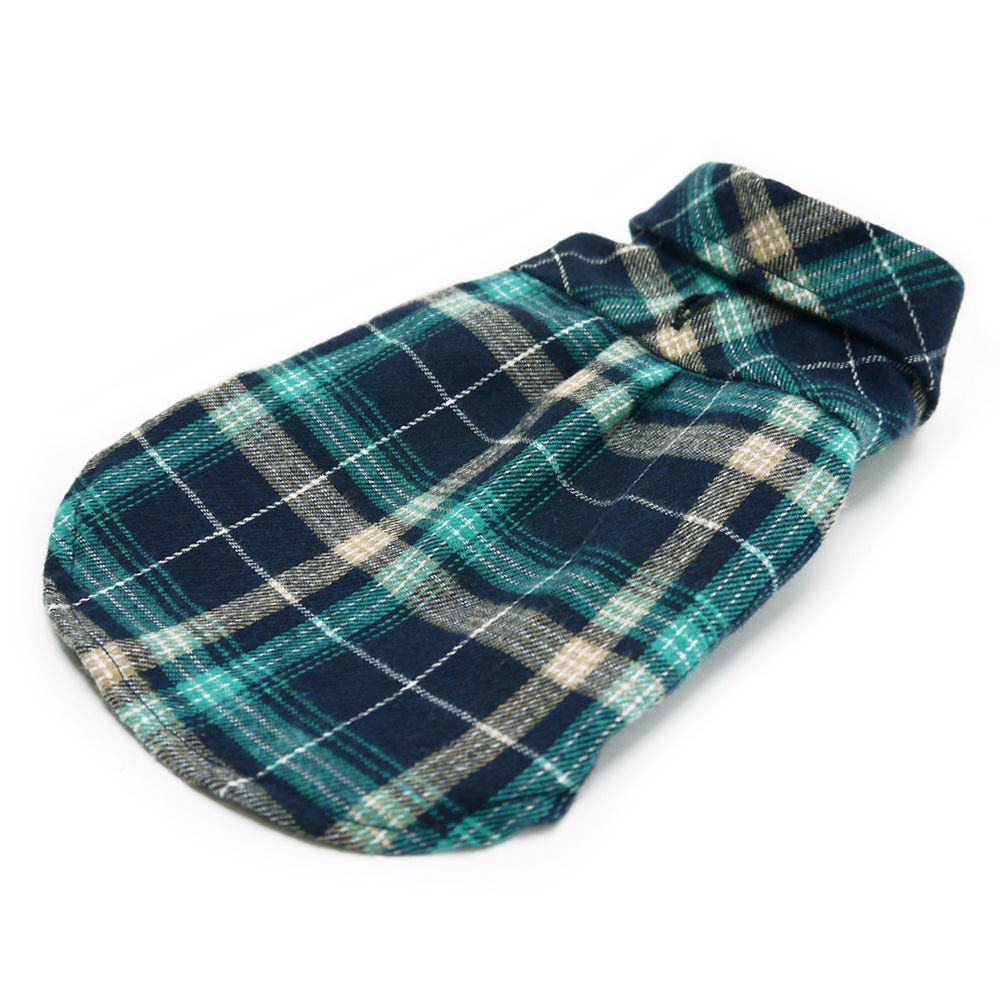 Teal and cream plaid flannel button-down shirt laid flat