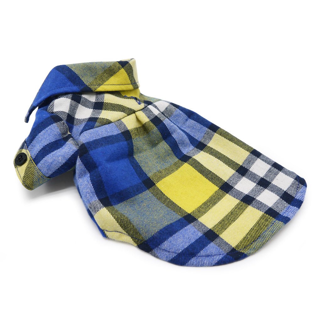 Blue, yellow, and white plaid flannel button-down shirt with rolled collar