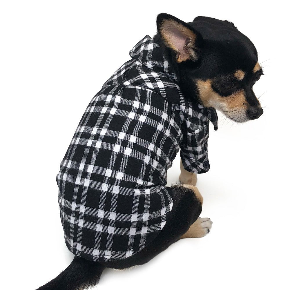 Black and white plaid flannel button-down dog shirt with a collar and snaps