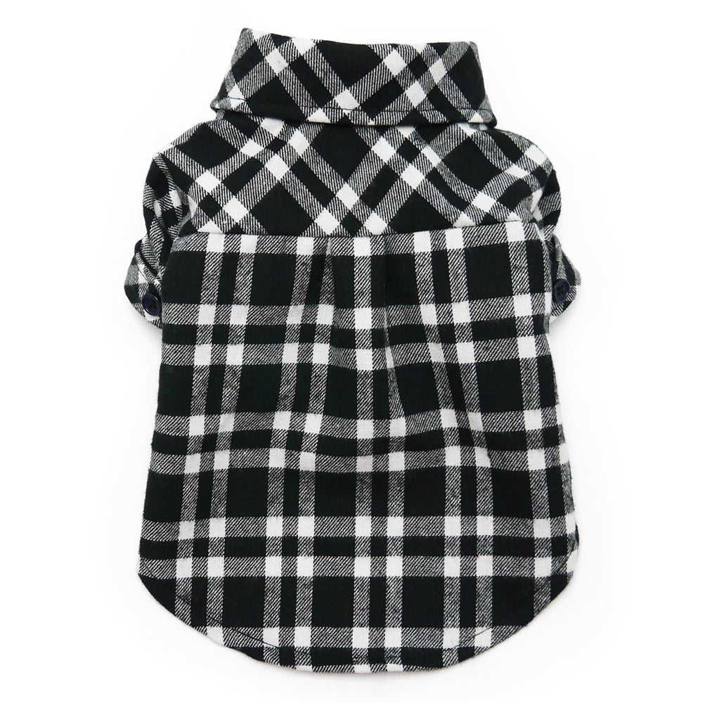 Black and white plaid flannel dog shirt with hooded collar and snap buttons