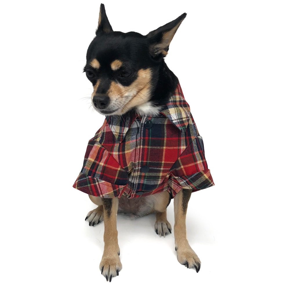 Red plaid flannel button-down shirt with short sleeves and button front