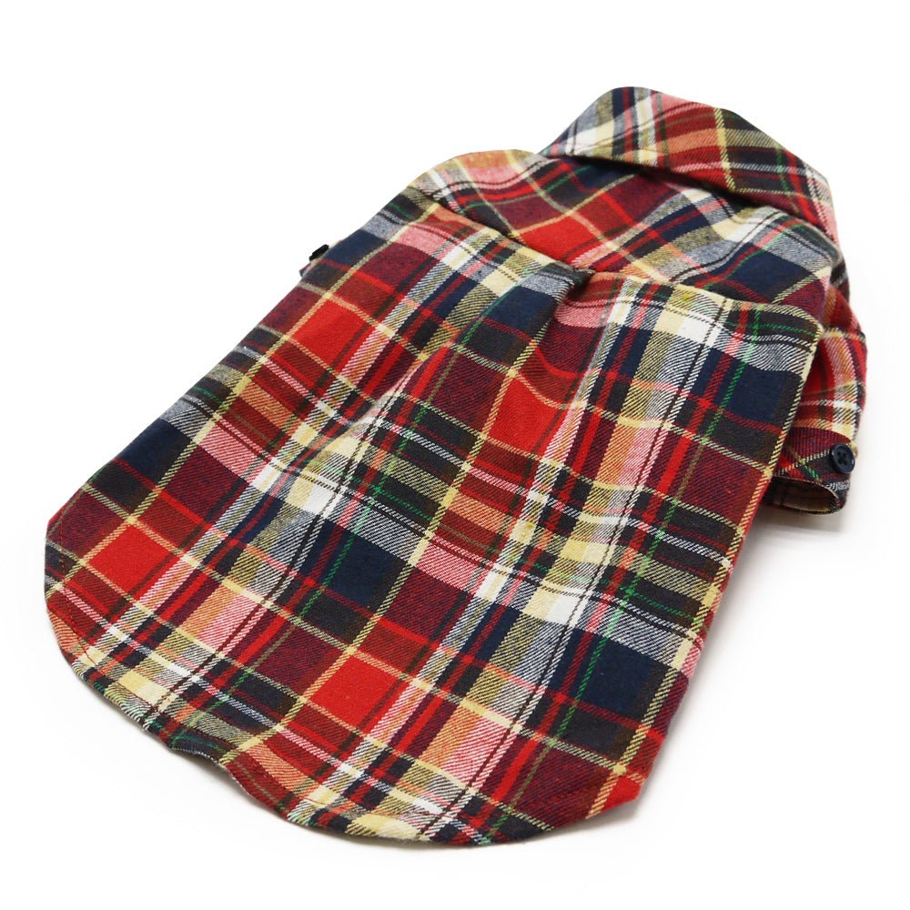 Red plaid flannel button-down shirt side view with collar and button placket