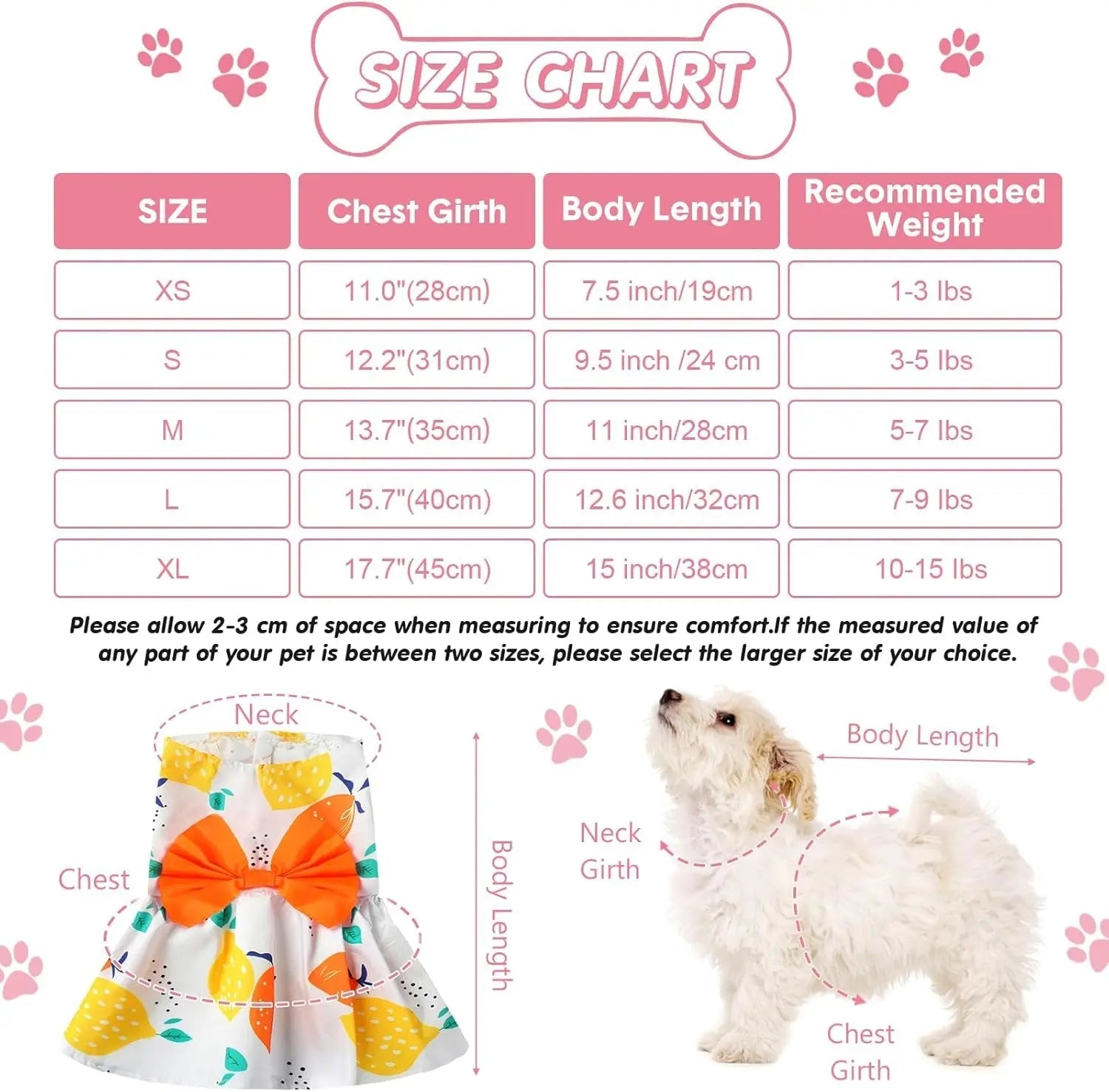 Size chart for floral sleeveless dog dress set with bow, XS to XL measurements
