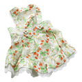 Floral rabbit-print pet dress with tiered ruffles and pom-pom button accents