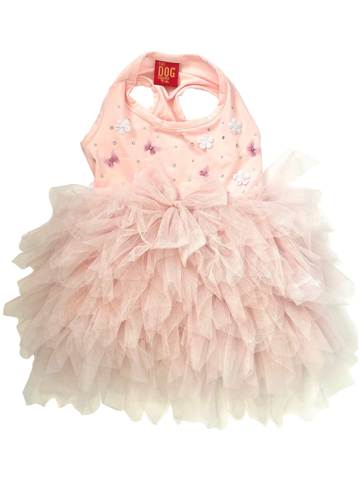 Pink ruffled tutu pet dress with sparkly dots and bows at neckline