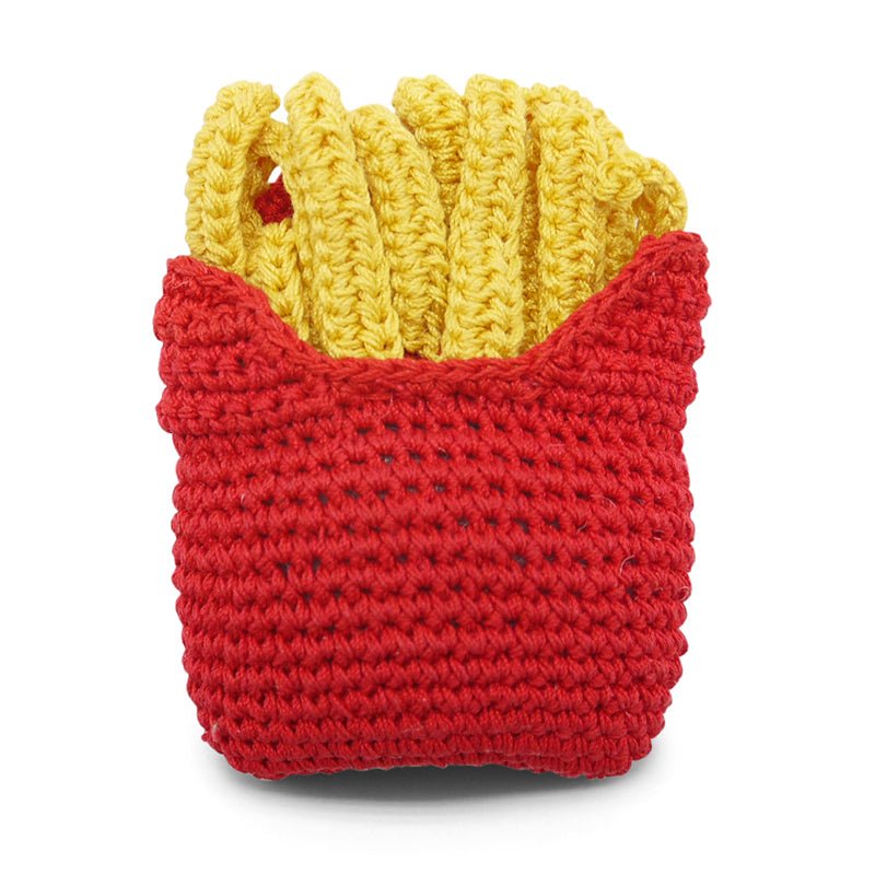 Crochet fries toy with yellow top and red crocheted container, ridged stitch texture