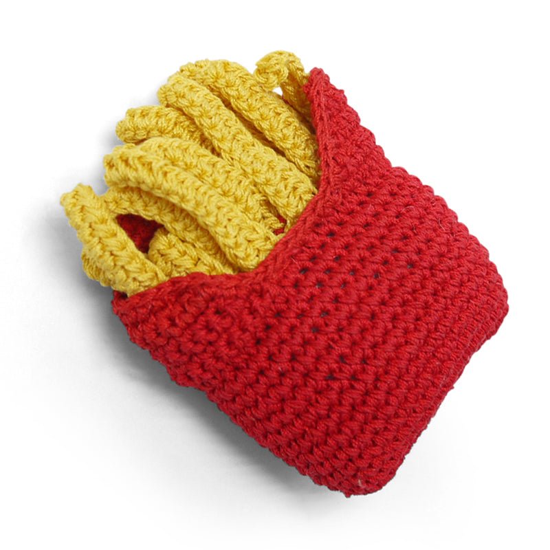 Crochet fries toy with yellow fries peeking from a red container opening