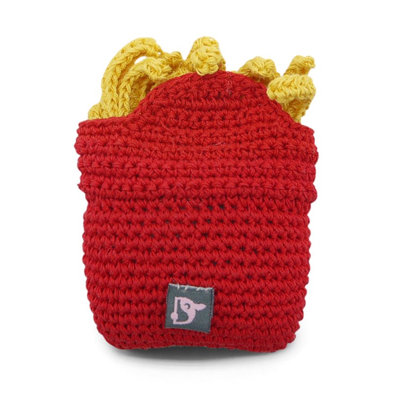 Crochet fries toy with red container, yellow fries top, and square label patch