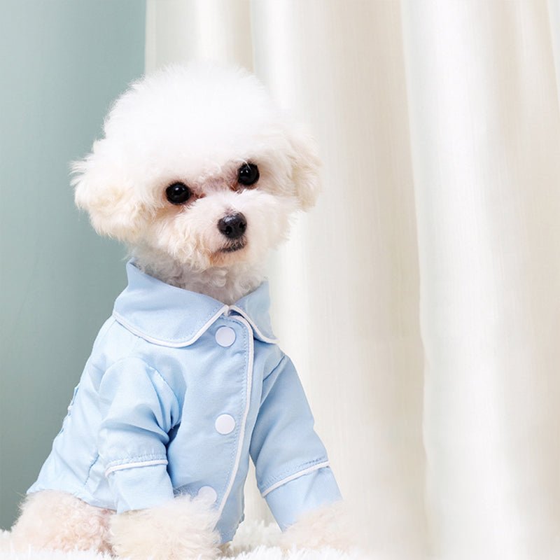 Light blue dog pajama shirt with white collar and round button