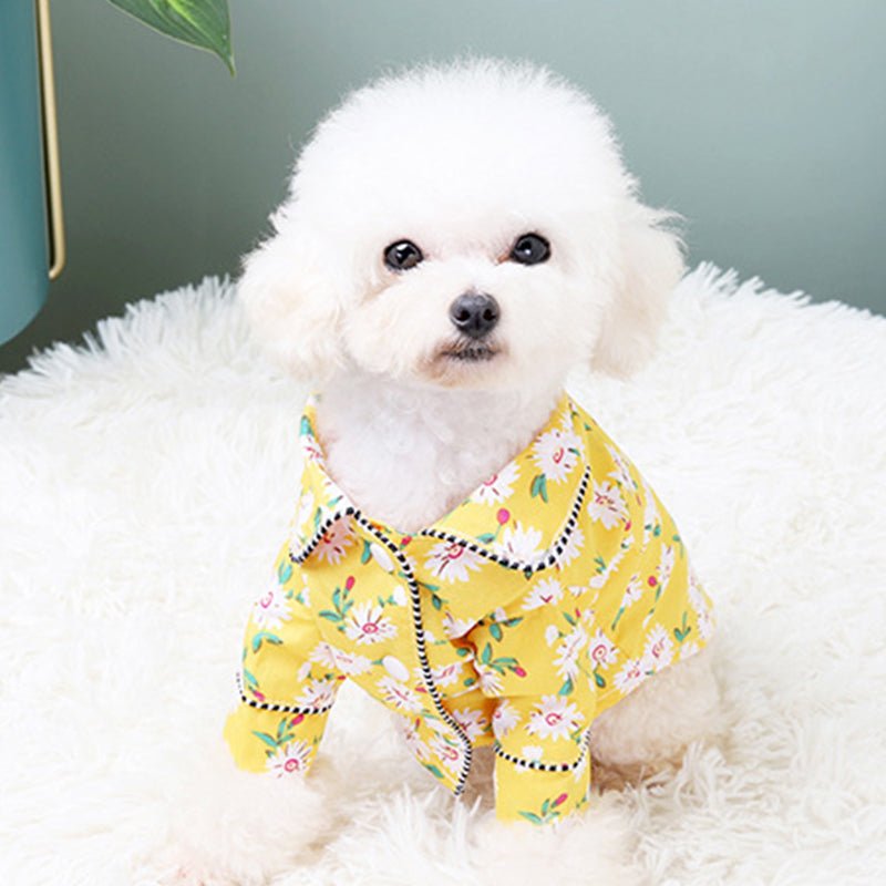 Yellow floral dog pajamas with collar and button front