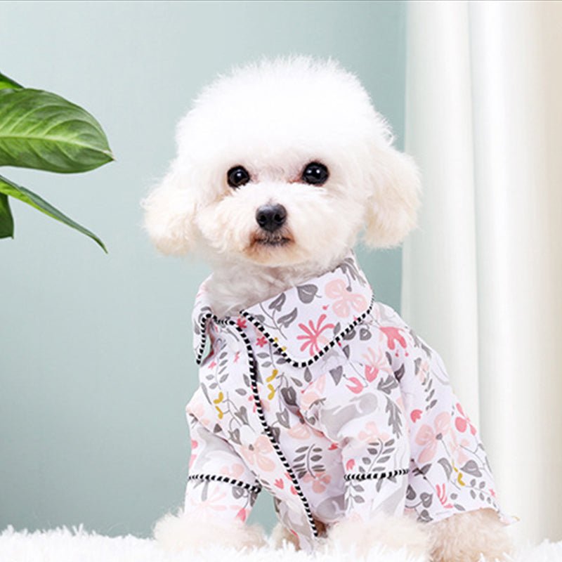 White floral dog pajamas with colorful print and button front
