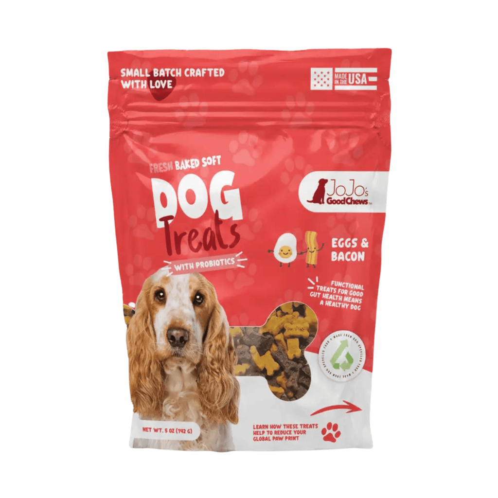 Red soft dog treat bag labeled eggs & bacon, USA flag, paw print graphics