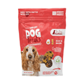 Red soft dog treat bag labeled eggs & bacon, USA flag, paw print graphics