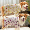 Dog recovery pajamas: green and purple fruit prints, open leg design