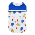 Blue-trim fruit-print sleeveless tank top, white with red blue and yellow fruit icons