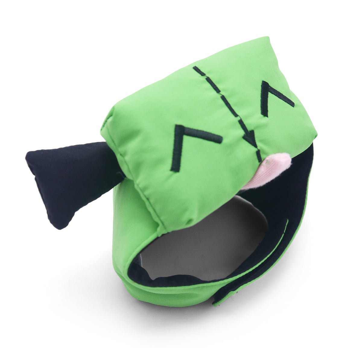Green bot-style dog hat with black arrow markings and small pink nose detail
