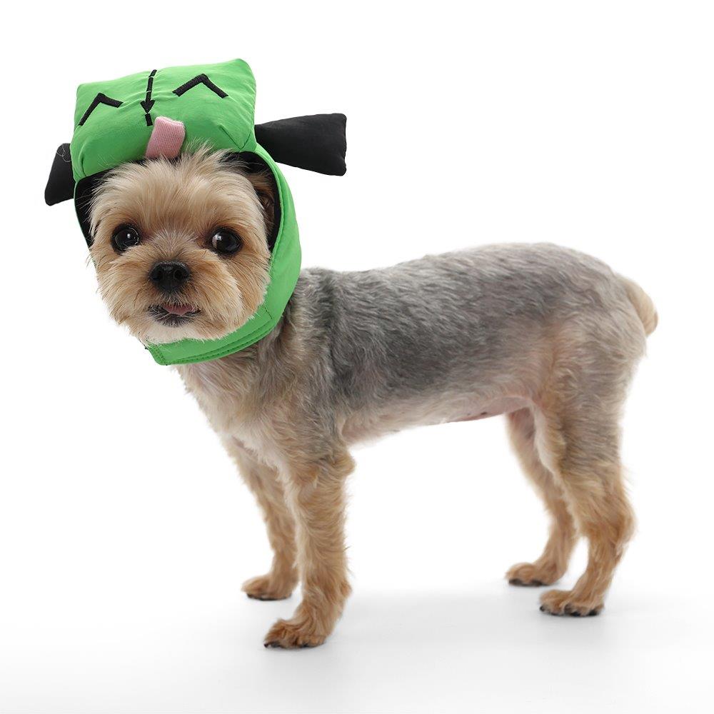 Green bot-style dog hat with black accents and ear fins, worn by a small dog