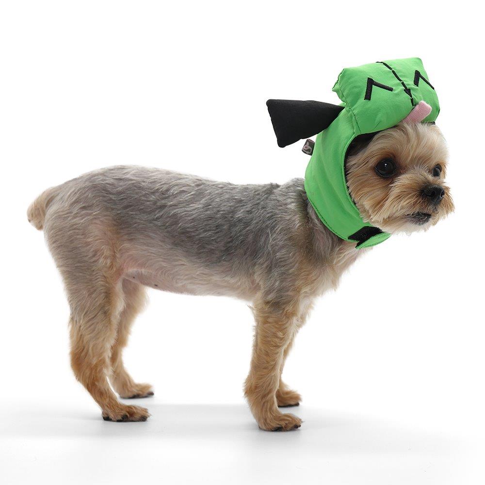 Green bot-style dog hat with black accents and ear fins, worn by a small dog