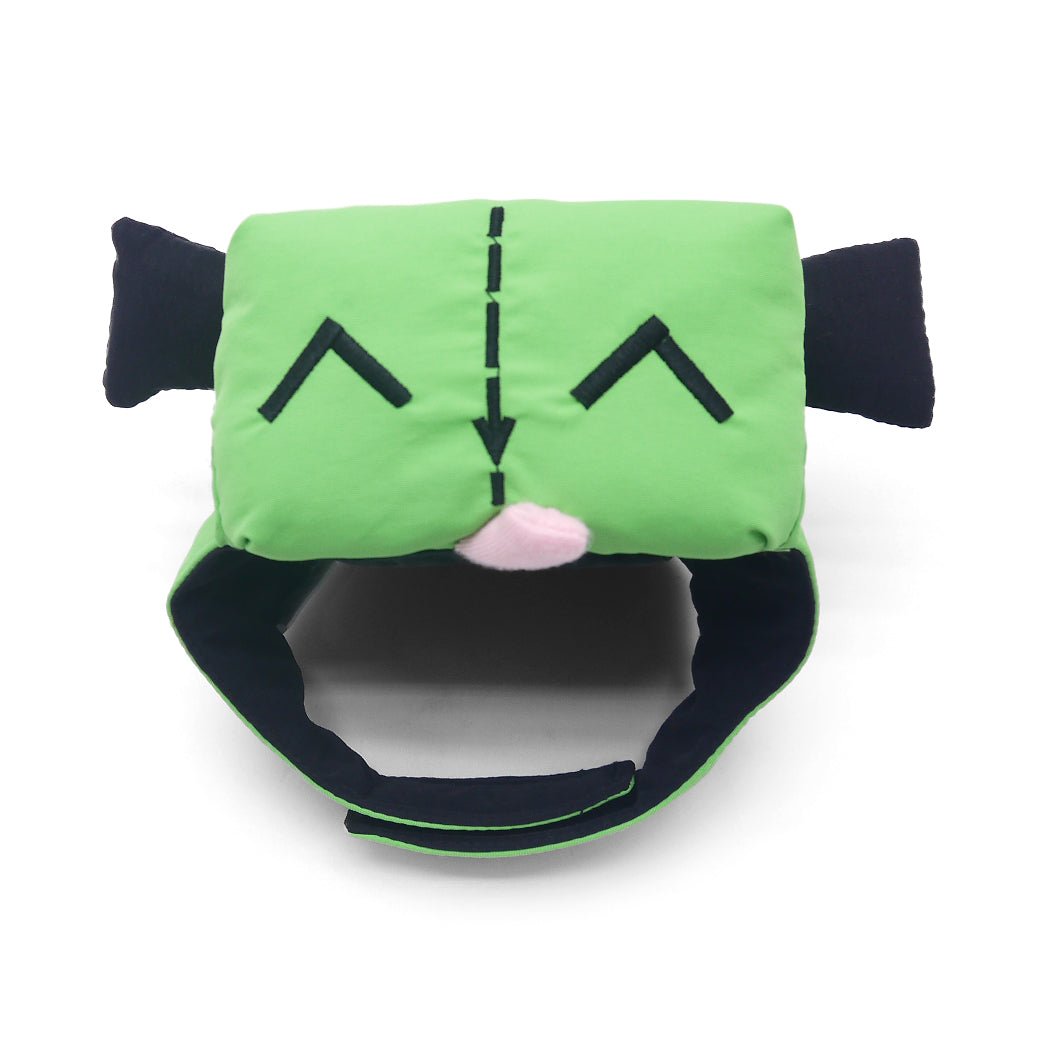 Green padded bot-style dog hat with black chevron details and open face panel