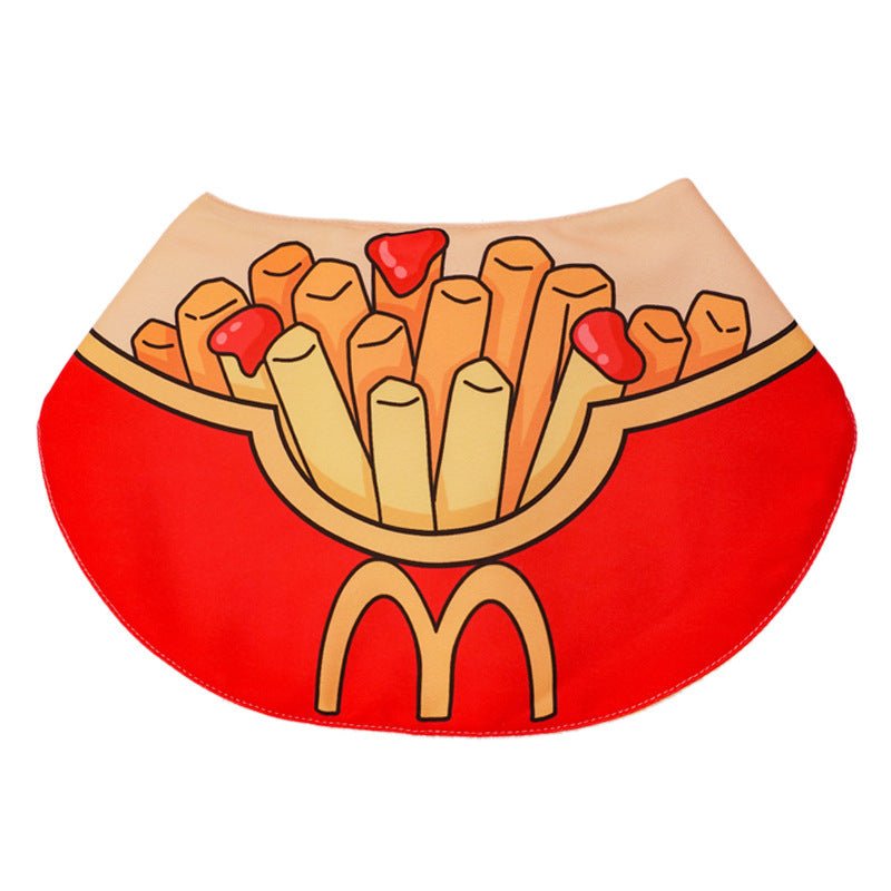 Dog bandana bib with cartoon fries design, red and tan fabric