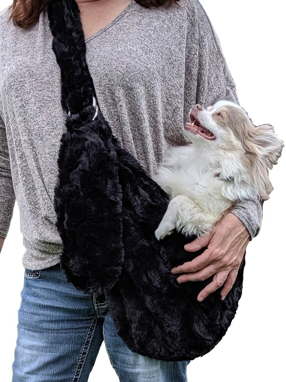 Black plush adjustable sling bag crossbody with dog peeking from front pouch