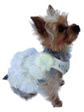 Ivory lace pet tutu with layered ruffles and fabric bow