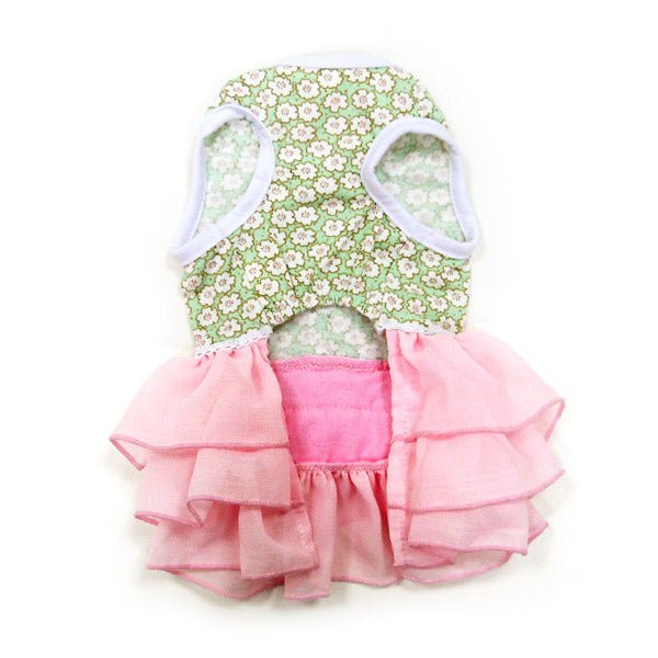 Pet dress back view with green floral yoke and layered pink ruffle skirt