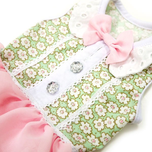 Close-up pet dress: white eyelet collar, green floral panels, pink bow and buttons